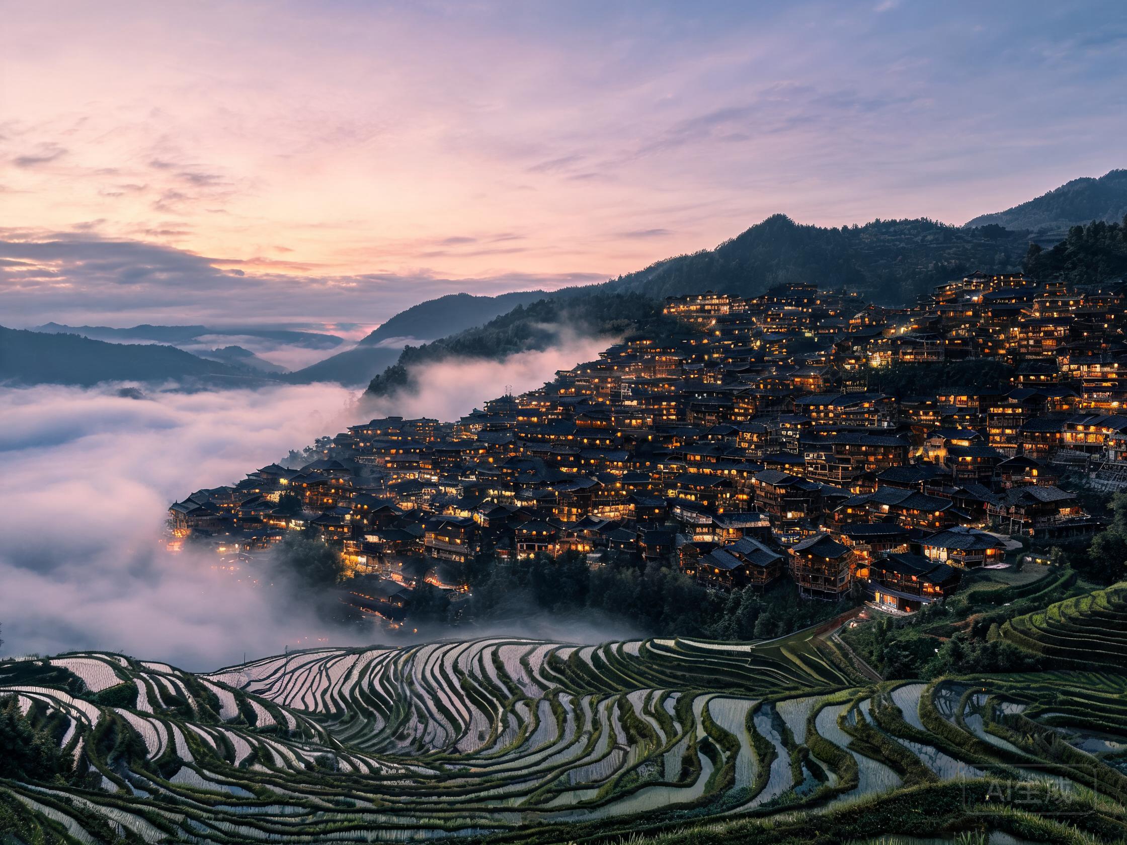 Guizhou Xijiang Miao Village at Dusk